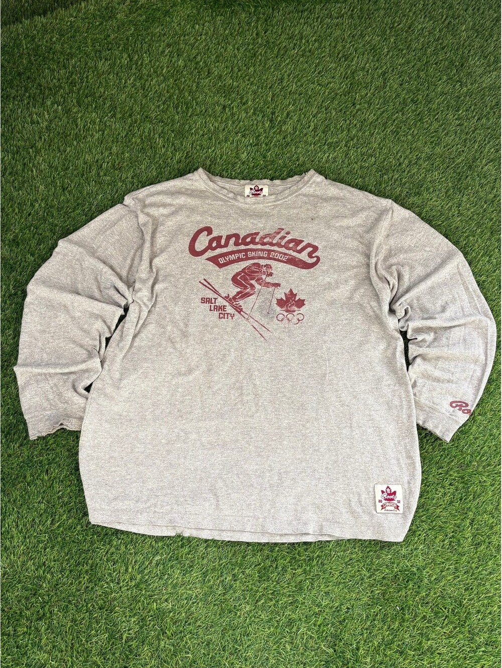 Roots 2002 Gray Cotton Rayon Long Sleeve T-Shirt, Unisex Adults Large